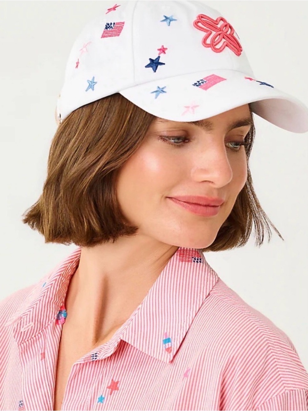 Lilly Pulitzer 250th it’s a celebrate White Cap with Pink Logo & Red, Blue Stars - Picture 3 of 7